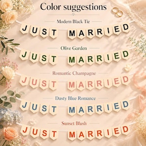 May include: Five horizontal banners featuring the text JUST MARRIED in different colours: black, green, pink, blue, and orange. Each banner consists of individual off-white pennants strung together, displayed as colour suggestions for wedding decor.