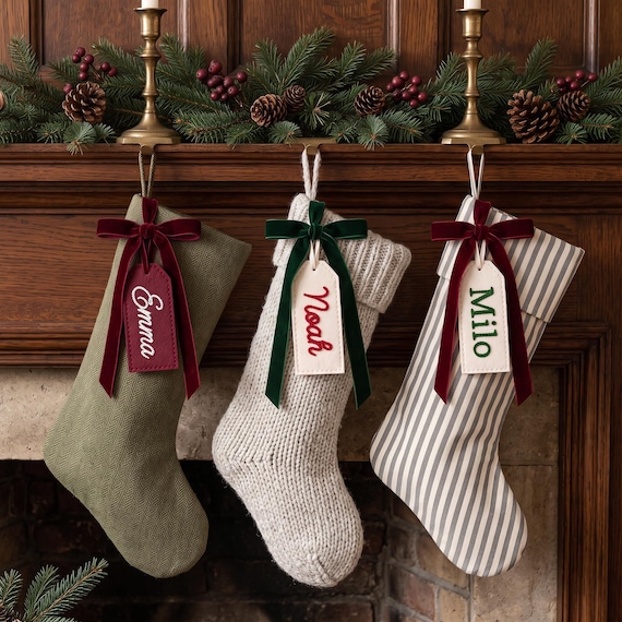 Custom Christmas Stocking Tags,Embroidered Christmas Stocking Tags,Custom Felt Name Tag with Velvet Ribbon,Family Stocking Label