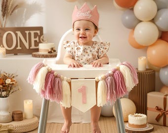 Embroidered 1st birthday High chair banner with hat ,first birthday banner with hat for baby girl baby boy, baby birthday party decorations