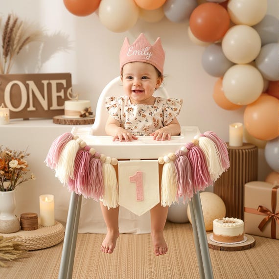 Embroidered 1st birthday High chair banner with hat ,first birthday banner with hat for baby girl baby boy, baby birthday party decorations
