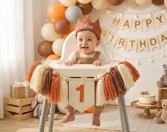 Bannière de chaise haute brodée 1er anniversaire avec chapeau, bannière de chaise haute d'anniversaire sauvage pour bébé fille garçon, décorations de fête d'anniversaire de bébé