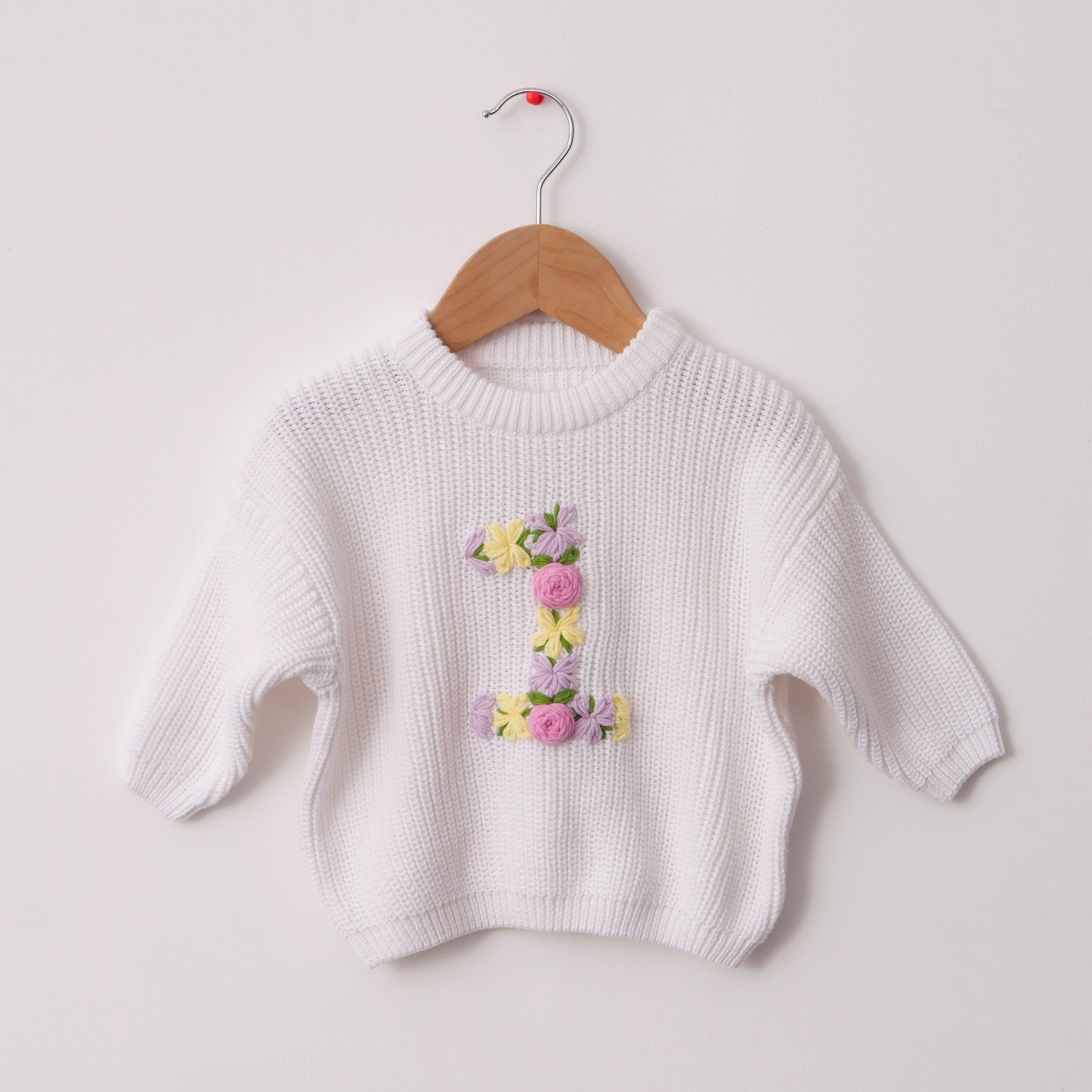 Personalized Baby Floral Birthday Sweater,Hand Embroidered First Baby Birthday Outfit,First Birthday Sweater,First Birthday Gift,Baby Gift