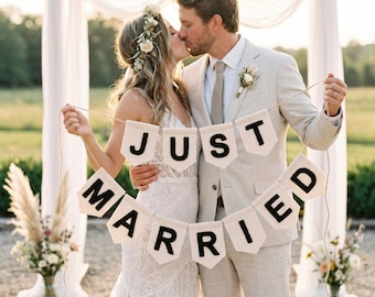 Personalized Just Married Banner, Embroidered Wedding Banner, Wedding Photo Prop, Rustic Wedding Sign