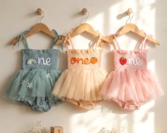 Pelele para el primer cumpleaños, conjunto para el primer cumpleaños, vestido tutú personalizado para bebé con nombre, pelele bordado a mano para bebé, vestido tutú personalizado para niña