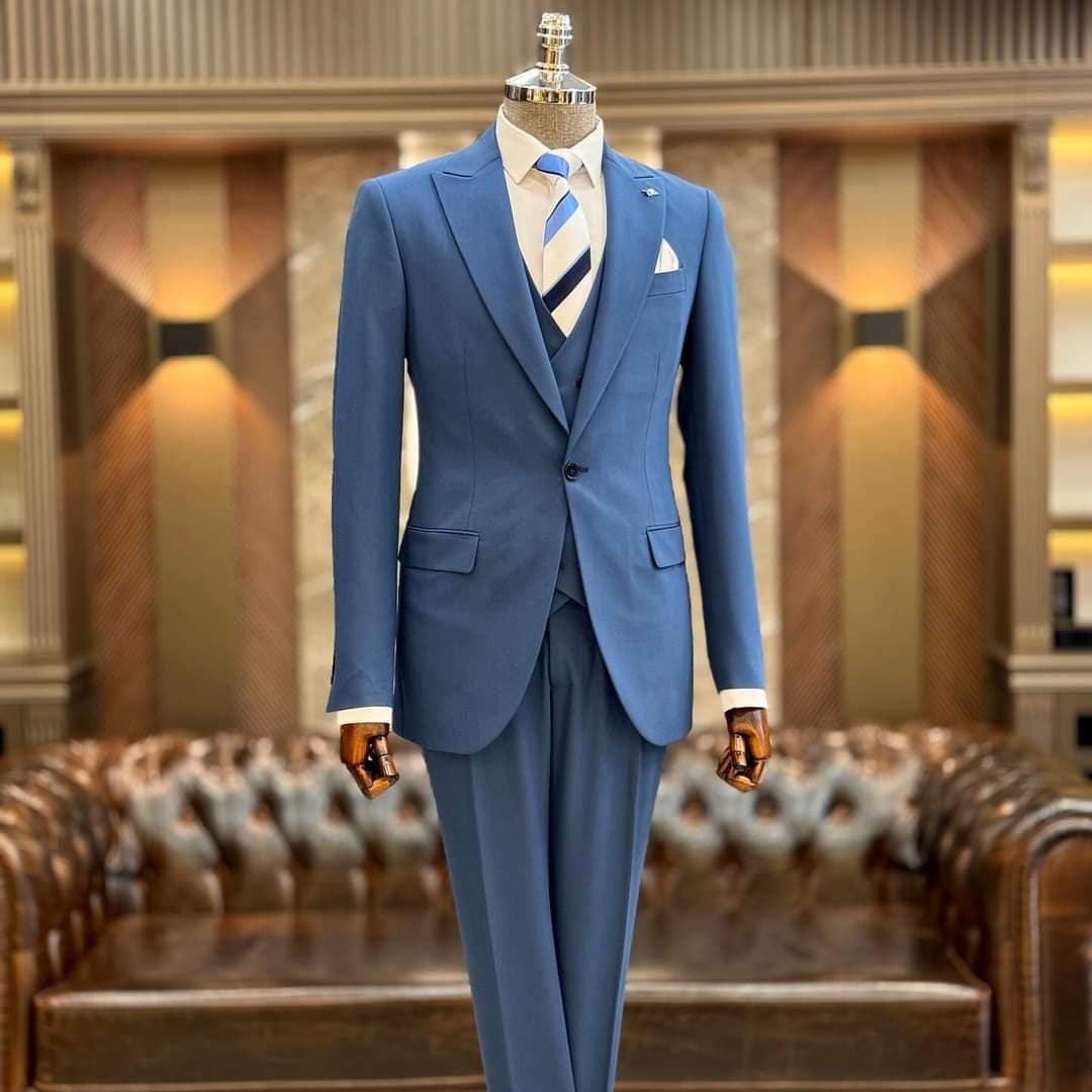 Mens Steel Blue 3-Button Classic Suit – Formal Business Attire with Vest, Tie and Pocket Square