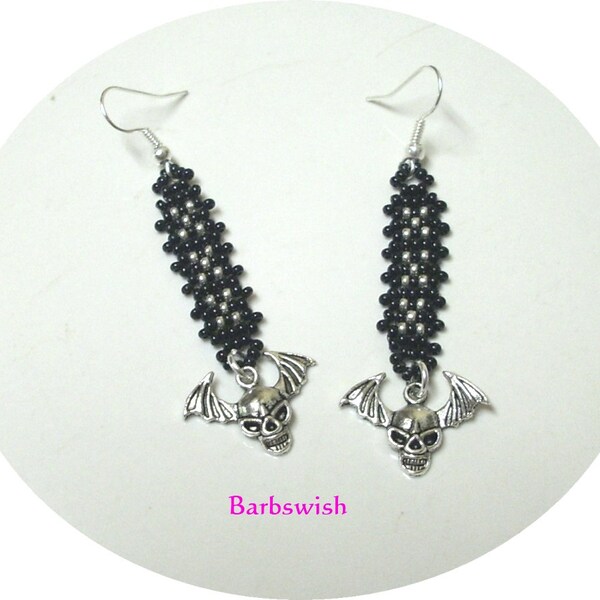 Hand Woven Seed Bead Earrings with Skull and Bat Wings Charm