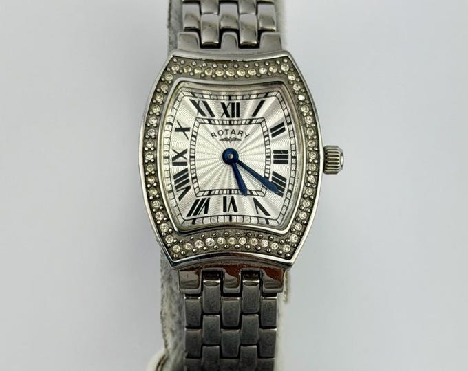 Vintage Rotary Stainless Steel Quartz Ladies' Tonneau Watch — Silver Roman Dial & Crystal Bezel