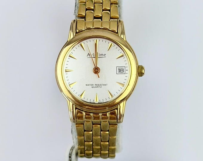 Vintage Amadeus Gold Tone Ladies Watch — Quartz Date Window | Slim Gold Bracelet, Women's Dress Watch, Vintage Wristwatch
