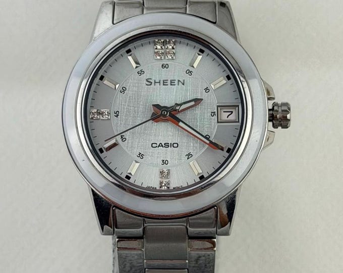 Casio Sheen Women's Stainless Steel Watch — Silver Mother-of-Pearl Dial, Date Window, Quartz, 30–50mm