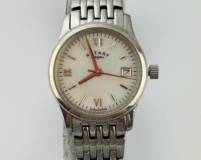 Rotary Stainless Steel Women’s Quartz Watch — White Dial Date Window Vintage-Style Wristwatch