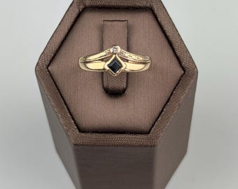 Sapphire and diamond 9ct gold ring , vintage and hallmarked elegant mid century size 6.5