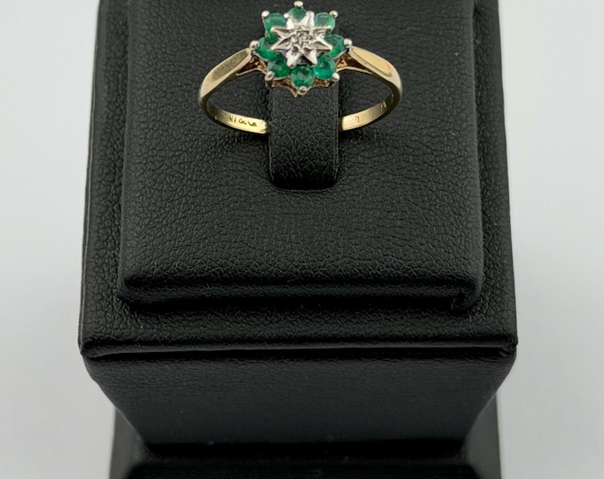 Emerald and diamond ring 9ct gold  vintage and hallmarked