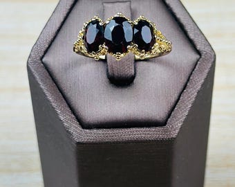 Vintage Garnet Three Stone Ring, 9k Gold Handcrafted Band, Mid Century Style