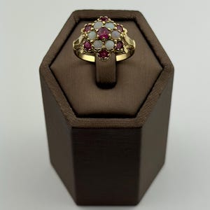 May include: A gold ring featuring a cluster setting with a central round red gemstone surrounded by six small white opals and six additional round red gemstones arranged in a floral pattern on a polished gold band.