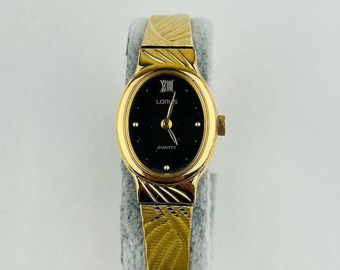 Lorus Vintage Gold Plated Stainless Steel Watch, Black Dial, New Battery Fitted