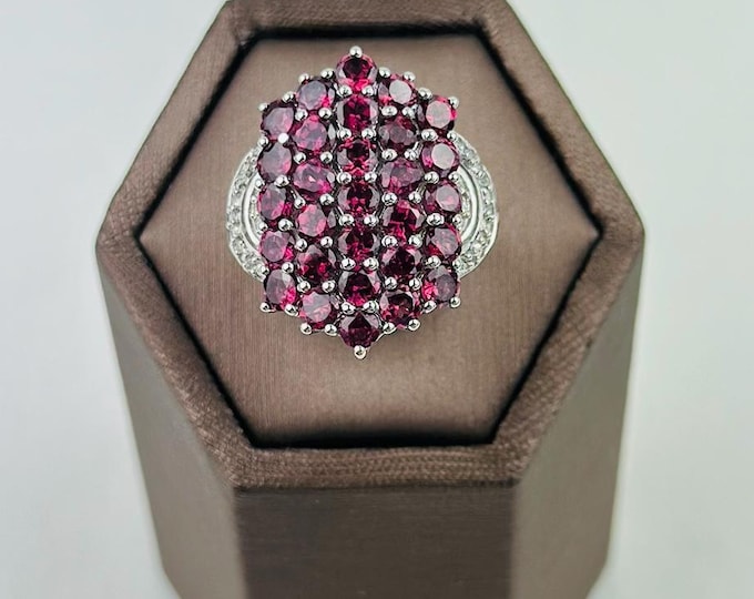 Vintage Hallmarked Spinel Cluster Ring, Sterling Silver 925, 5ct Natural Spinel