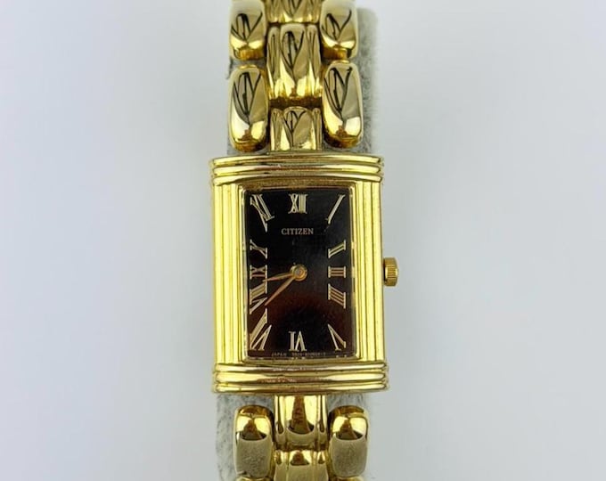 Vintage Citizen Gold-Plated Rectangular Quartz Watch — Black Dial, Runs Perfectly (New Battery) — Resizing Available