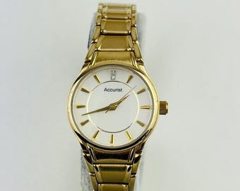 Accurist Gold Plated Stainless Steel Ladies Watch, White Dial, Vintage Elegance