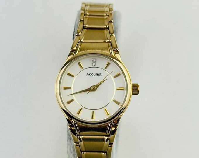 Accurist Gold Plated Stainless Steel Ladies Watch, White Dial, Vintage Elegance