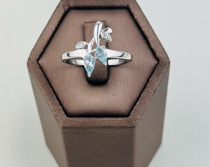 Aquamarine sterling silver ring vintage and hallmarked, polished  and natural aquamarines