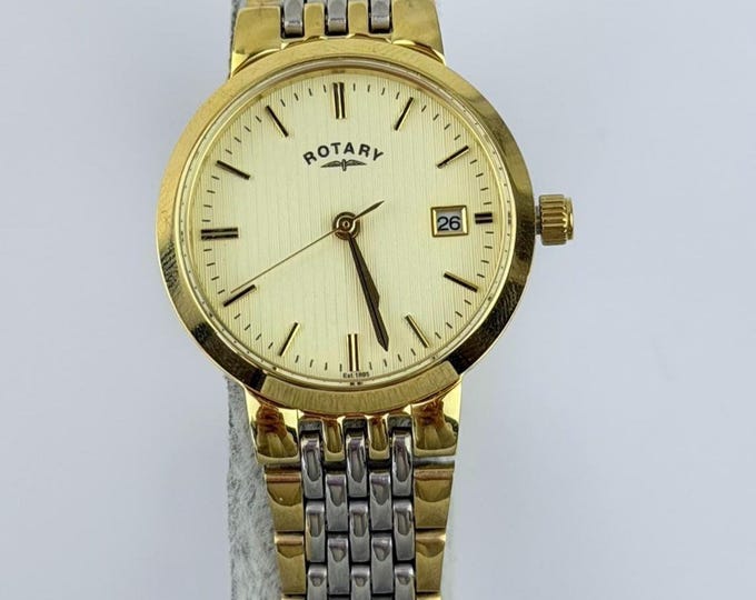 Rotary Datejust Style Two Tone Watch, Roman Dial, Stainless Steel Gold Bezel, Date Window, Bracelet, Working