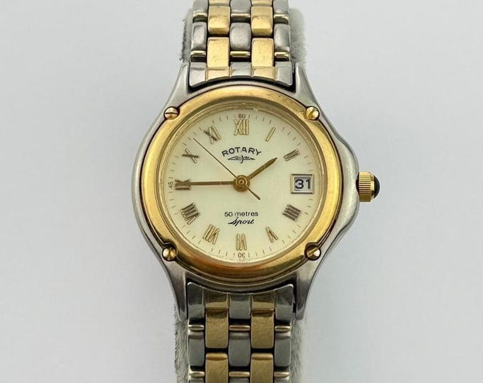Vintage Rotary Two-Tone Ladies Date Watch — Stainless Steel & Gold Plate Quartz, Date Window, Classic Dress Watch