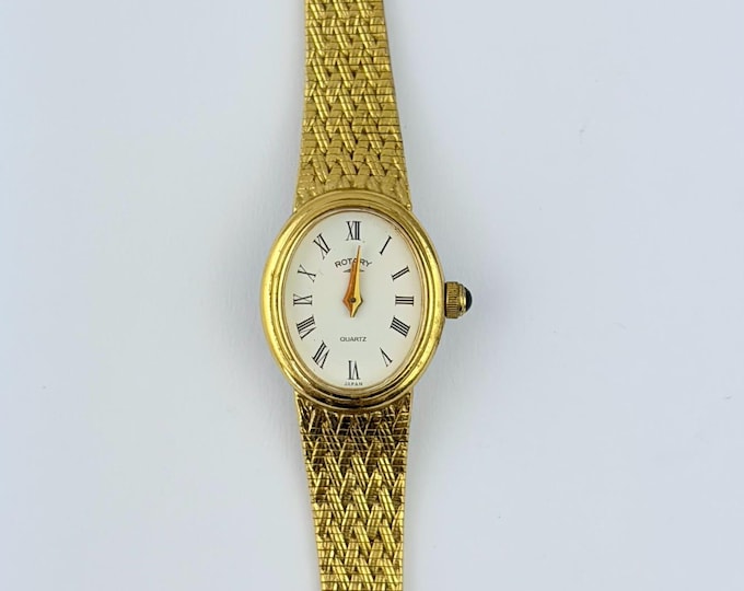 Rotary Vintage Quartz Watch, Gold Plated Case, Roman Numerals Dial, Swiss Made, Gold Bracelet