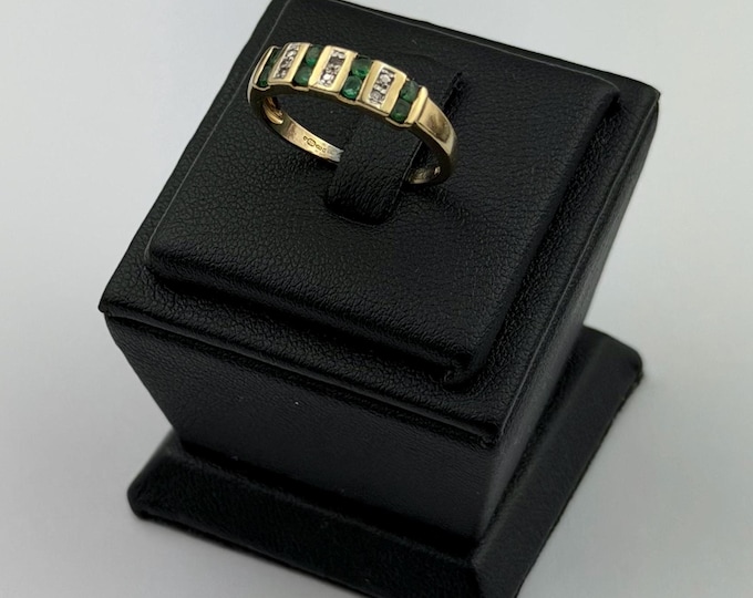 Emerald and diamond 9ct gold ring , vintage and hallmarked , natural emeralds size 6.5