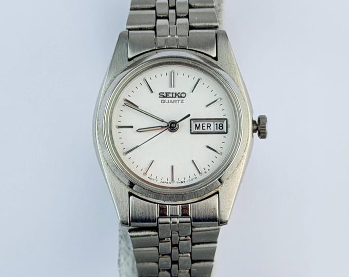 Vintage Seiko Quartz Day-Date Watch 1989, White Dial, Stainless Steel Bracelet, Retro Classic Dress Wristwatch