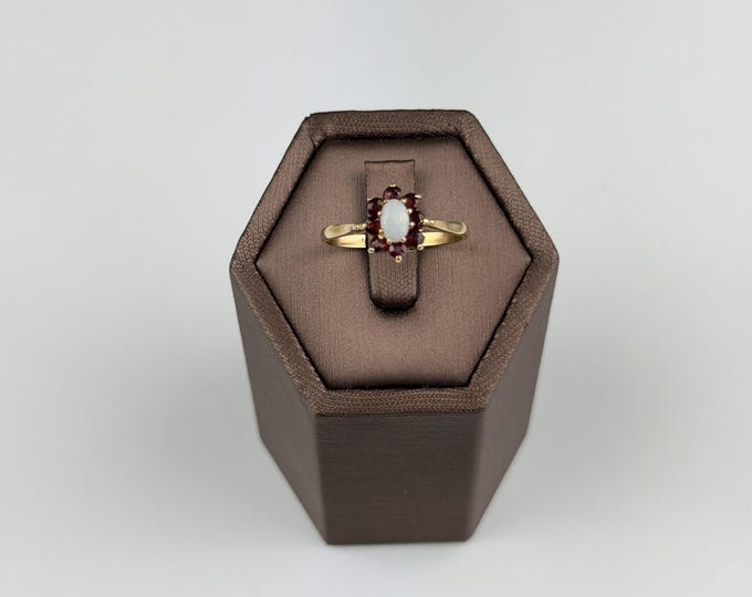 Opal and Garnet vintage ring , 9ct gold hallmarked and natural gemstones