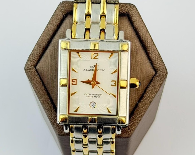 Vintage Klaus Kobec Two Tone Watch, Rectangular Gold Silver Quartz Wristwatch, Classic Metal Bracelet, Ladies Dress Watc