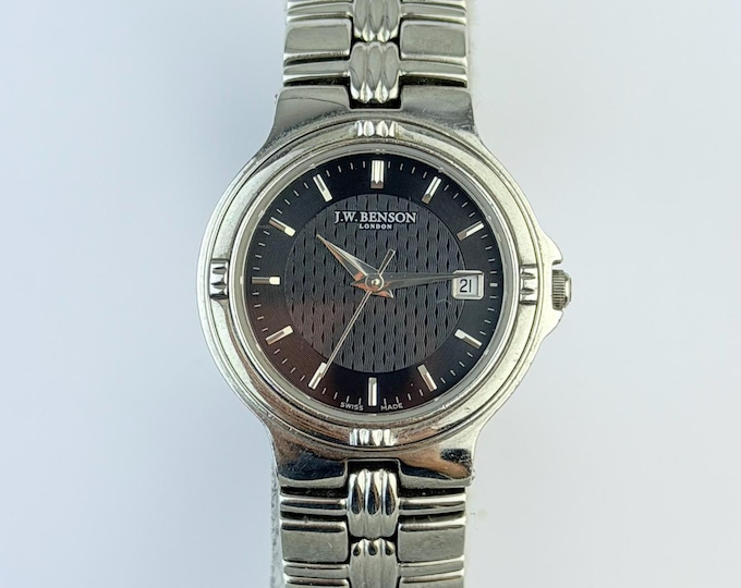 Vintage J.W. Benson London Swiss Made Watch, Stainless Steel Quartz Date Watch, Black Textured Dial, Retro 1990s Wristwatch