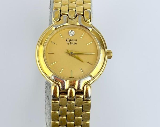 Vintage Caravelle by Bulova Gold-Plated Stainless Steel Quartz — Champagne Dial, Runs Well — Resizing Available