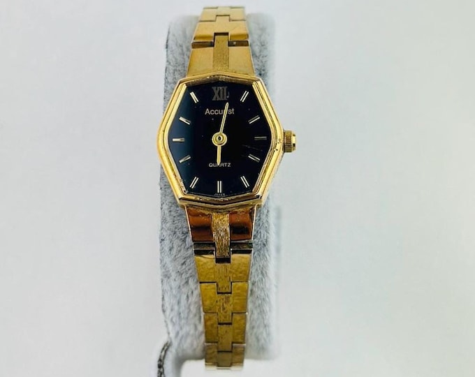 Accurist Gold Black Dial Small Ladies Watch, Vintage Quartz Elegance