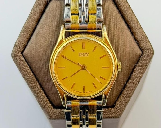 Vintage Seiko  Ladies Quartz Watch, 1980s Two Tone Gold Silver Wristwatch, Gold Dial, Stainless Steel Back