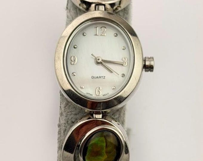 Vintage Avon Stainless Steel Quartz Watch Bracelet — Abalone Inlay Link Watch — Women's Silver Bracelet Watch — Retro Costume Jewelry
