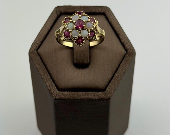 Ruby and Opal 9ct gold ring , vintage and hallmarked size P , natural stones
