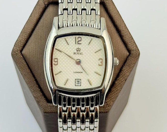 Royal London RL 2303 Vintage Watch, 2000s Quartz Date Watch, Stainless Steel Tonneau Bracelet Dress Watch