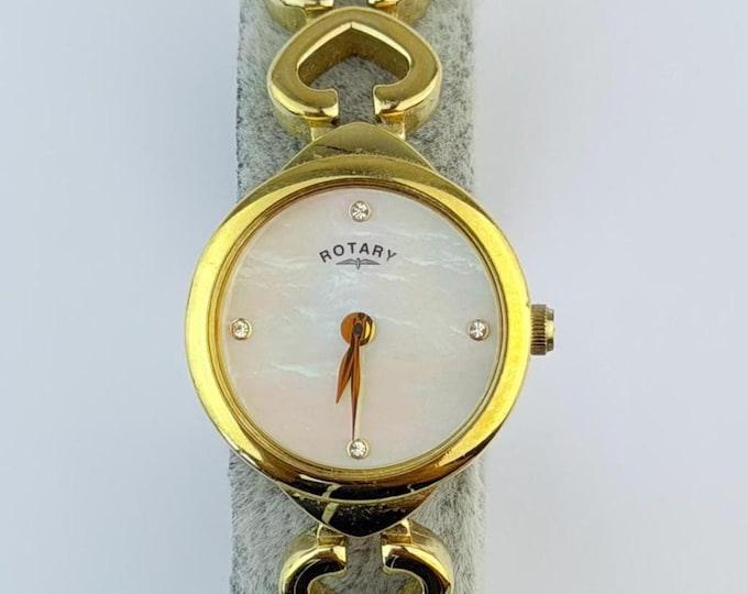 Vintage 1980s Rotary Ladies Watch, Gold Plated Stainless Steel, Mother of Pearl Dial, Swiss Quartz, Heart Link Bracelet, Retro Watch