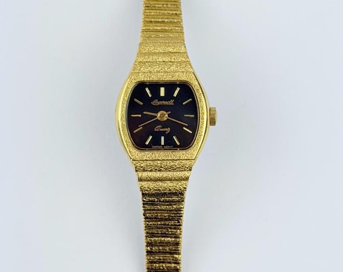 Ingersoll ladies Vintage Quartz Watch  Gold Tone Bracelet Curved Rectangular Black Dial