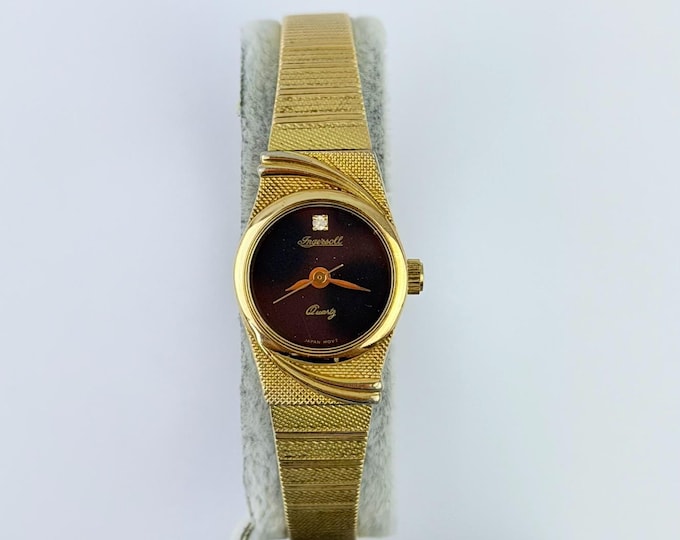 Vintage Ingersoll Ladies Watch in Gold — Dark Dial Quartz-Style Oval Case, Mesh Bracelet (1970s/1980s) Japan-Ready Gift
