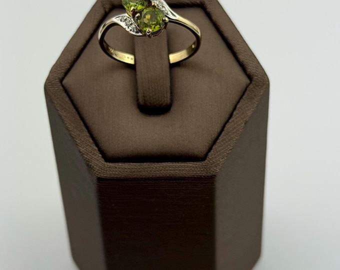 Vintage 9ct Gold Peridot Diamond Ring, British Hallmarked Natural Gemstone