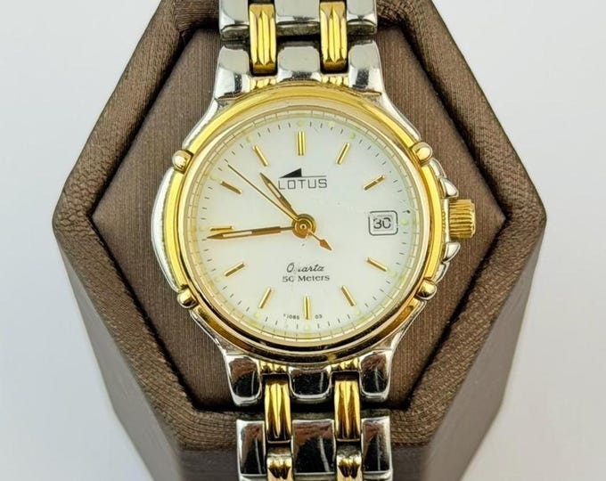 Vintage Lotus  Two Tone Watch, Ladies Quartz Date Watch, Gold Plated Stainless Steel Bracelet, 1990s Classic Wristwatch