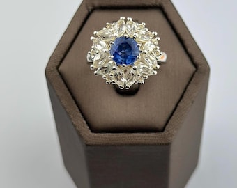 Sapphire silver ring with moissanite, sterling silver 925 , vintage and hallmarked size 7