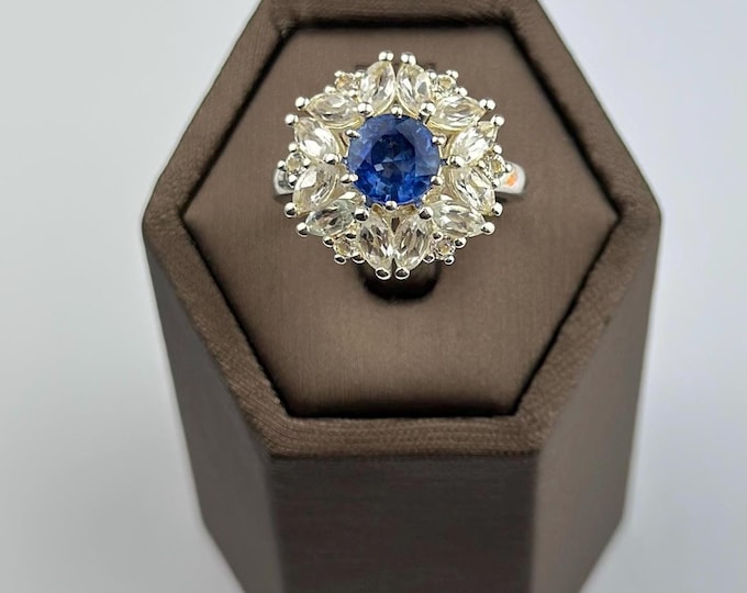 Sapphire silver ring with moissanite, sterling silver 925 , vintage and hallmarked size 7