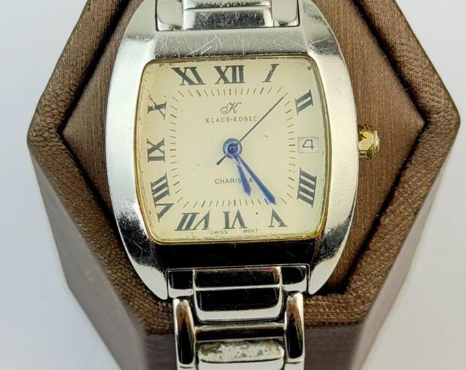 Klaus Kobec Stainless Steel Watch, Vintage Roman Numeral Wristwatch, Silver Tone Rectangular Watch, Retro Women’s Watch, Gift