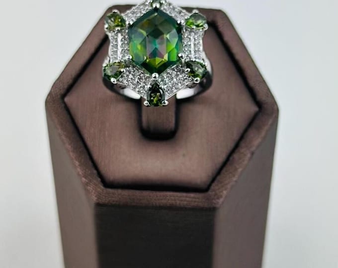 Vintage Teal Tourmaline Ring Sterling Silver Halo Cocktail Statement Size 7