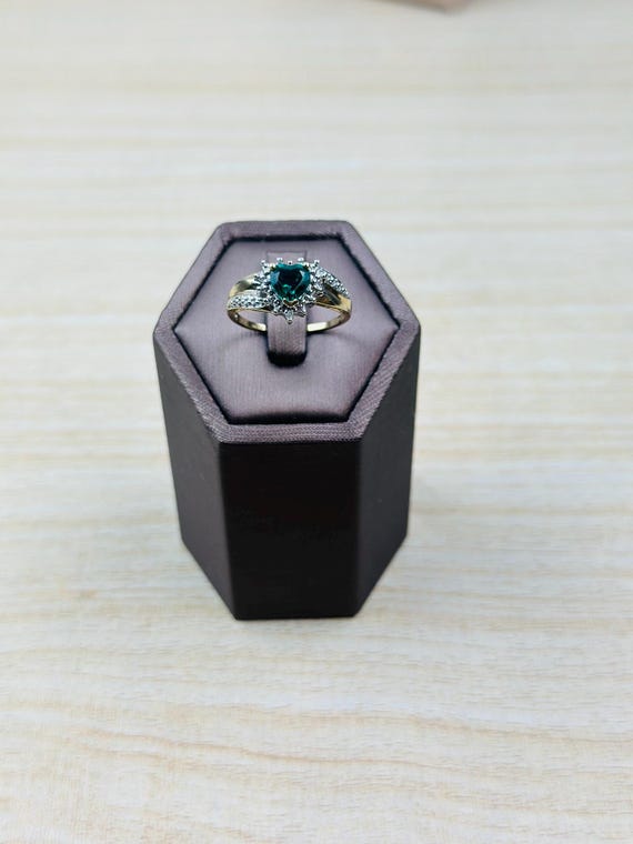 Vintage Teal Tourmaline Ring with Diamonds in 9 Carat Gold Size 7 Antique Design