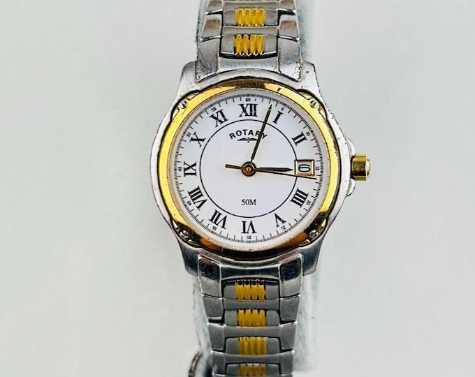 Vintage Rotary Two-Tone Ladies Watch – Roman Numeral Dial, Sapphire Glass, 50m Water Resistance