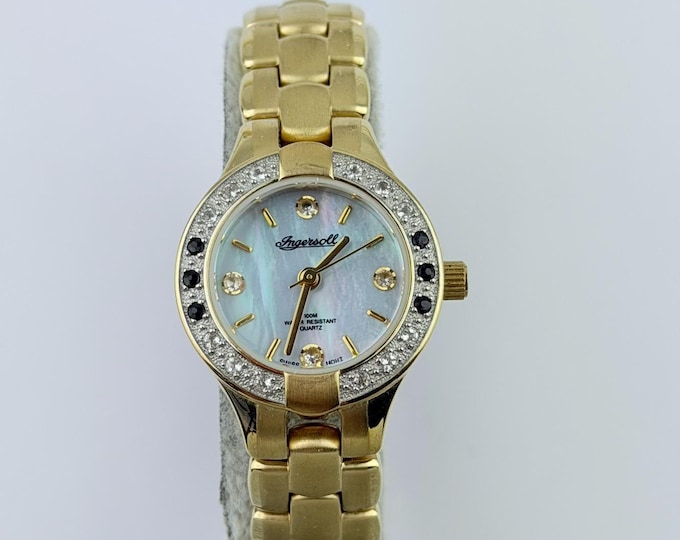 Vintage Ingersoll Women's Gold Tone Watch Mother of Pearl Dial Rhinestone Crystal Bezel Bracelet Quartz 100M Water Resistant Retro Gift